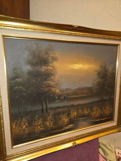 Vintage Oil on Canvas Landscape Ducks in Flight - Signed and Framed