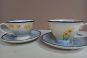 Laura Ashley Pair Large Cups Saucers Handpainted Two Teacups Daffodils