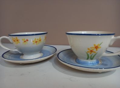 Laura Ashley Pair Large Cups Saucers Handpainted Two Teacups Daffodils