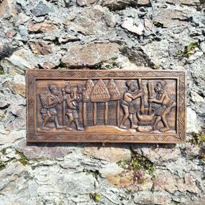Vintage African Hand-Carved Wood Wall Relief Panel (29x64 cm