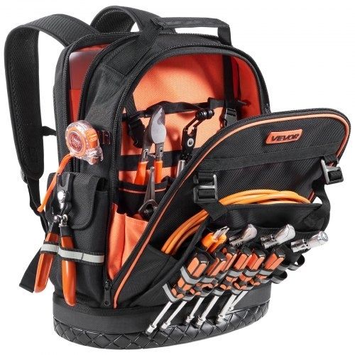 Tool Backpack, 64 Pockets, Heavy-duty Tools Storage Organizer Work Bags with Laptop Compartment & Molded Base, Electrician Jobsite Backpack for Electrician, Repairman, and HVAC Techs