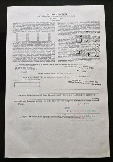 1973 GAC Corporation Pennsylvania 1000 Dollar Stock Certificate