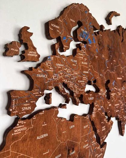 2D Premium Wooden World Map Country Borders US and Canada States Borders Country Names Country Capital Names 400 World Biggest City Names