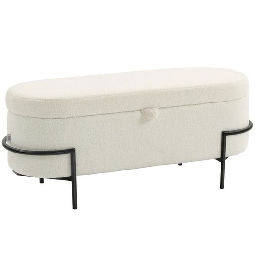 Storage stool, seat stool with lid and storage, steel legs, padded stool with fleece cover, Cream White