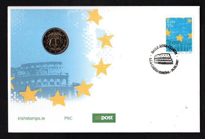 2017 Ireland Treaty of 50th Anniversary of the Treaty of Rome Commemorative Stamp Philatelic Numismatic Cover (PNC) with E2 Treaty of Rome coin First Day Cover (FDC) cancel