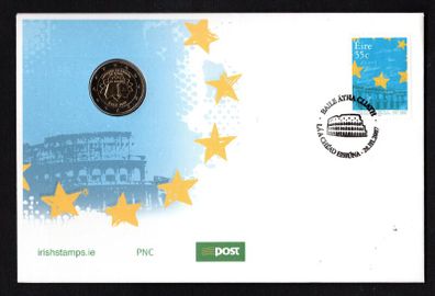 2017 Ireland Treaty of 50th Anniversary of the Treaty of Rome Commemorative Stamp Philatelic Numismatic Cover (PNC) with E2 Treaty of Rome coin First Day Cover (FDC) cancel