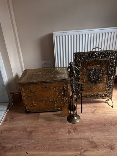 Vintage Brass Fireplace Companion Set & Coal Box