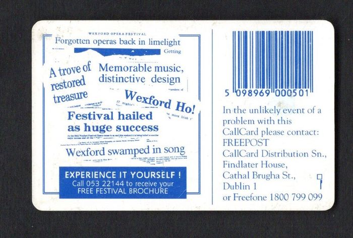 1994 Ireland 50 unit Wexford Opera Festival (Gemplus GEM1) Call Card Used. Telecom Eireann card number 1076