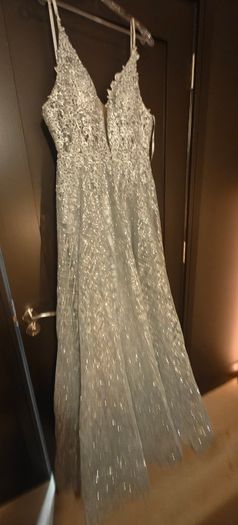 Stunning silver low back formal dress with lace & glitter detail