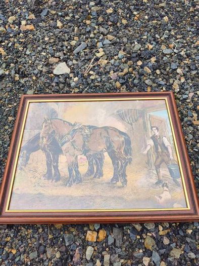 Framed Vintage Painting  Draft Horses in a Stable