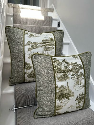 Handmade Olive Green and Cream Toile Cushion Covers Pair 20 x 20 Inches