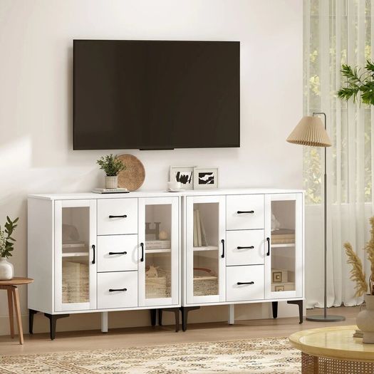 Modern sideboard with soft-close doors, buffet cabinet with 3 drawers, 2 glass doors, adjustable shelves, MDF, white