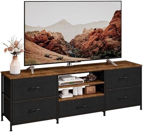 TV Stand Cabinet, TV Unit TV Console Table with 5 Drawers Storage Organizers, Entertainment Center with Open Shelf for Living Room, Bedroom (Black)