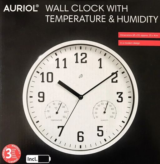 Wall Clock With Temperature And Humidity 25cm x 4.5cm - Made In Germany
