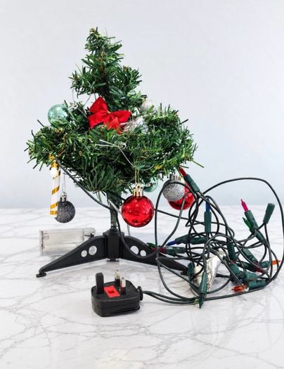 Pre Owned Mini Decorated Christmas Tree Set with String Lights & Ornaments