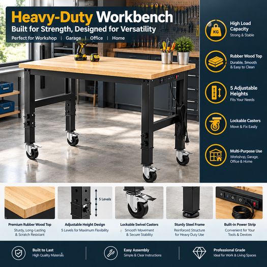 120cm Heavy-Duty Workbench with Adjustable 5 Heights, Rubber Wood Top, 900kg Load Capacity for Workshop, Garage, Office & Home