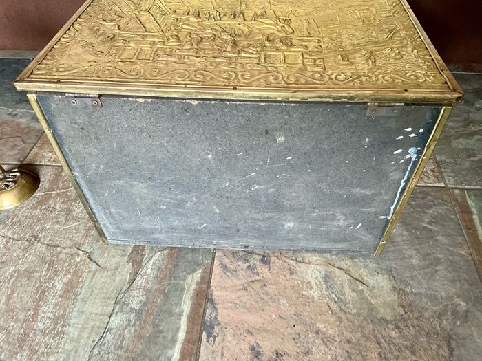 Ornate Brass Fireside Coal Box Embossed Tavern Scene