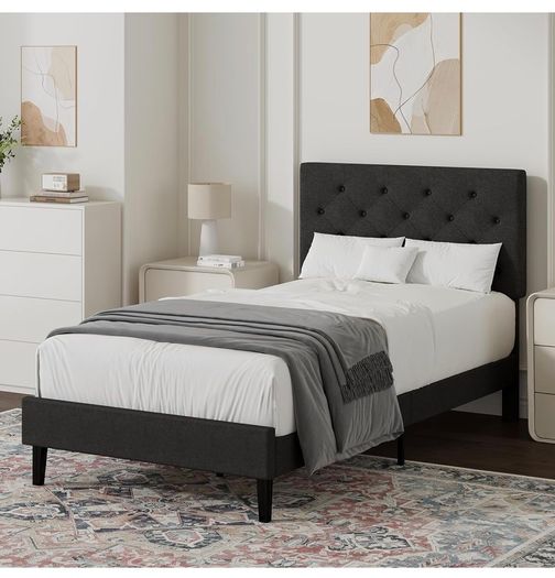 Single Bed Frame, 90 x 190 cm, with Adjustable Upholstered Headboard, Heavy Duty 256kg Weight Capacity, Easy Assembly, No Box Spring Needed, Grey