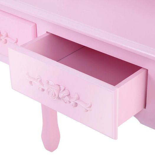 Bedroom Furniture Pink Dressing Table 3-Drawer Makeup Dresser Set with Stool Oval Mirror