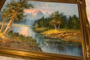 Large Vintage Framed Mountain Landscape Oil Painting Signed G. Whitman 24'' x36'' inches