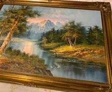 Large Vintage Framed Mountain Landscape Oil Painting Signed G. Whitman 24'' x36'' inches