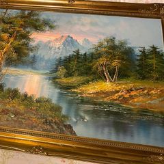 Large Vintage Framed Mountain Landscape Oil Painting Signed G. Whitman 24'' x36'' inches