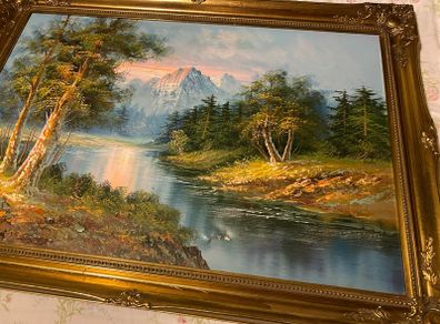 Large Vintage Framed Mountain Landscape Oil Painting Signed G. Whitman 24'' x36'' inches