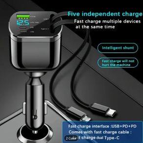 5-in-1 Car Charger Adapter, Dual USB+PD Fast Charging, Extendable Cable, Voltage Display, Universal Compatibility, Female to Male Connector