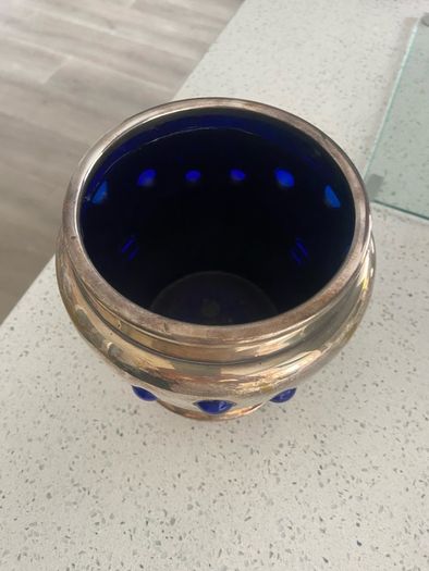 Vintage heavy silvered brass Art Deco Cobalt Glass Planter