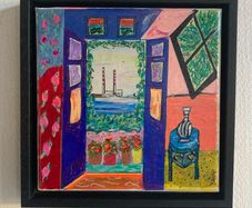 Framed Original contemporary Painting  Mattisse style Poolbeg Chimneys Dublin Original Gift