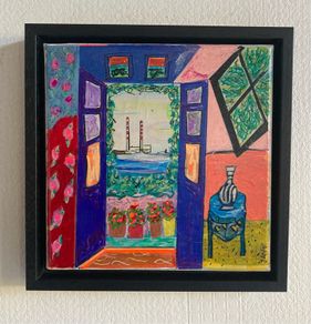 Framed Original contemporary Painting  Mattisse style Poolbeg Chimneys Dublin Original Gift