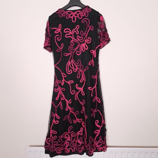 Country Casuals CC Black Sheer Mesh Fuchsia Pink Soutache Ribbon Embroidered V-Neck Midi Dress 16UK/44EU