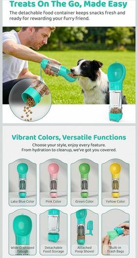 Pet 4 in 1 multifunctional water bottle,  treat dispenser, and waste disposal