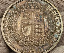 Great Britain 1887 Silver Half Crown Beautiful Uncirculated Lustrous Rainbow Toned