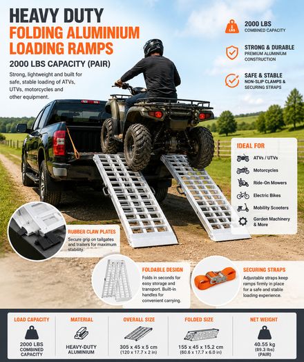 Heavy Duty Aluminium Loading Ramps 305cm Folding Pair 907kg Capacity for ATV UTV Quad Bike Ride On Mower