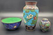 Antique Chinese Japanese Cloisonne Vase Ginger Jar Bowl 3 Pieces