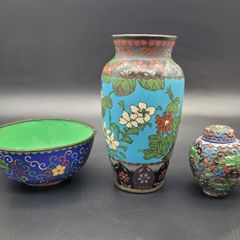 Antique Chinese Japanese Cloisonne Vase Ginger Jar Bowl 3 Pieces