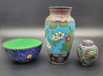 Antique Chinese Japanese Cloisonne Vase Ginger Jar Bowl 3 Pieces