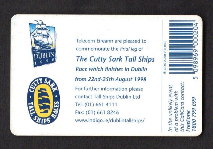 1998 Ireland 20 unit The Cutty Sark Tall Ships Race 22-25th August 1998 (ODS3) Call Card Used