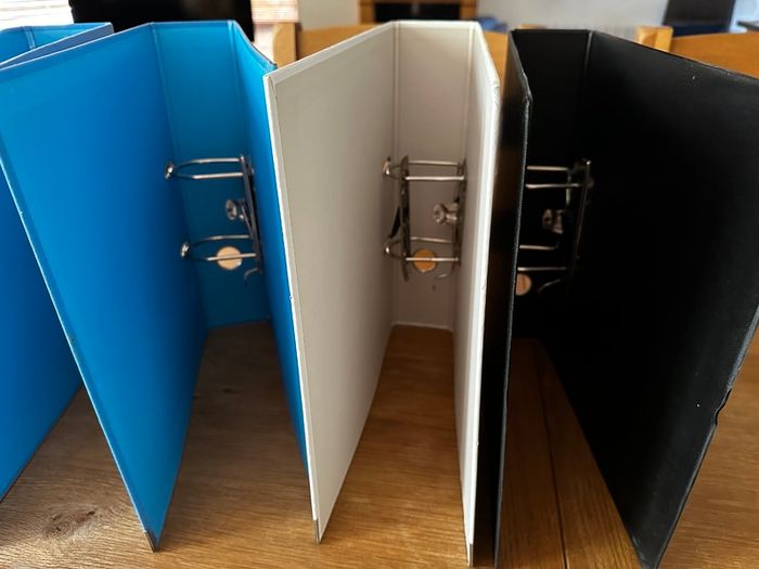 Lot stationery office school supplies - lever arch folders, plastic pockets, coloured pencils, stapler