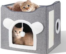 Cat Beds, Large Cat Cave for Pet House with Fluffy Ball Hanging and Scratch Pad, Houses & Condos, Cubes, Hideaway, Covered Bed for Multi Small Pet Large Kitty
