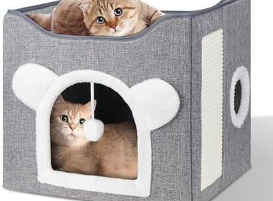 Cat Beds, Large Cat Cave for Pet House with Fluffy Ball Hanging and Scratch Pad, Houses & Condos, Cubes, Hideaway, Covered Bed for Multi Small Pet Large Kitty