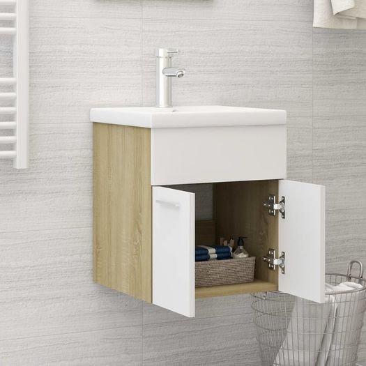Sink Cabinet with Built-in Basin White and Sonoma Oak Chipboard