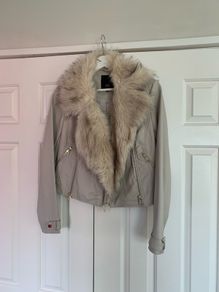 River Island Beige Faux Leather Jacket with Removable Faux Fur Collar