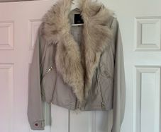 River Island Beige Faux Leather Jacket with Removable Faux Fur Collar