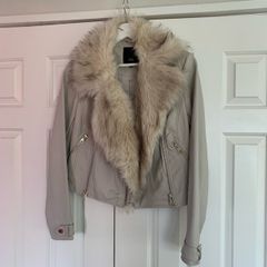 River Island Beige Faux Leather Jacket with Removable Faux Fur Collar
