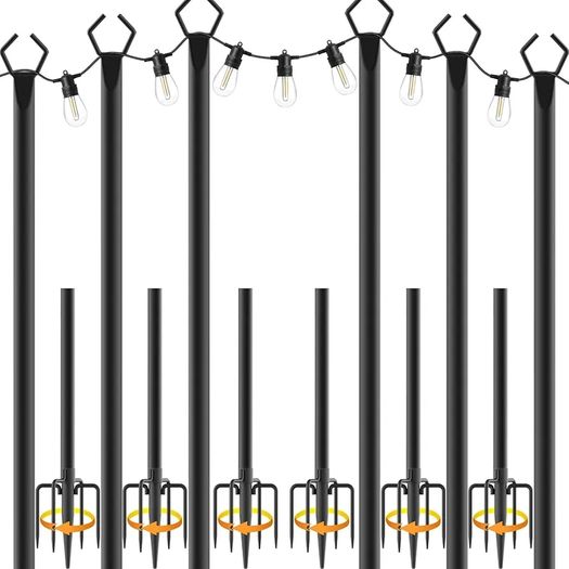 6pack 3M String Light Pole, Metal Outdoor String Light Pole, Suitable for Courtyard,Backyard,Garden,Patio,Party,Wedding Hanging Light Pole,Rustproof and Sturdy with Hooks.