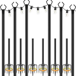 6pack 3M String Light Pole, Metal Outdoor String Light Pole, Suitable for Courtyard,Backyard,Garden,Patio,Party,Wedding Hanging Light Pole,Rustproof and Sturdy with Hooks.