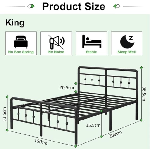 King Size Bed Frame with Victorian Headboard and Footboard, Metal Bed Frame with Heavy Duty Steel Slats Support, Ample Storage Space, Noise Free, Easy Assembly, Black
