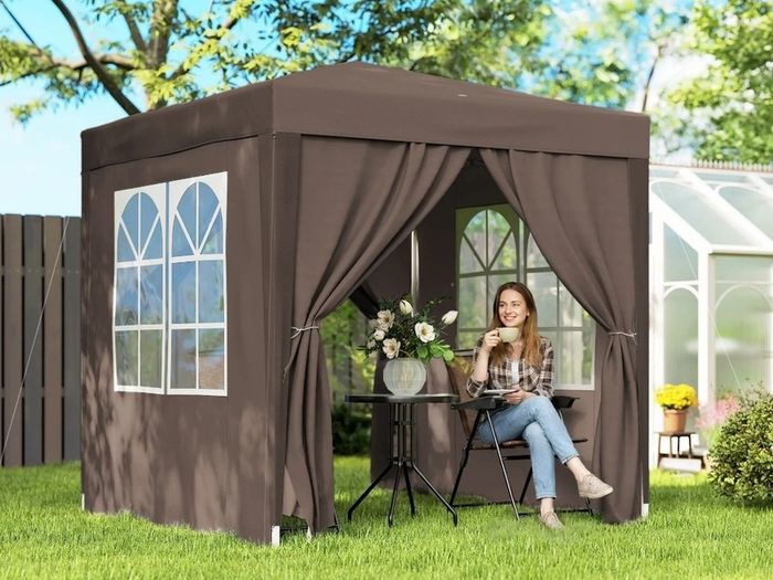 2 x 2 m Garden Pop Up Gazebo, Wedding Party Tent Marquee, Water Resistant Awning Canopy with Sidewalls. Windows, Carry Bag, Coffee